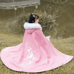 古风刺绣中国风汉服女粉色斗篷加厚加绒披风仙气古装演出服秋冬季