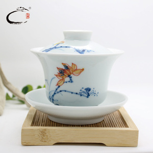 京德 贵和祥 手绘青花悠然荷下中介碗 景德镇陶瓷功夫茶具茶碗盖