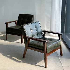日式复古实木两椅一桌组合小户型办公室休闲单人位卡座皮革沙发椅
