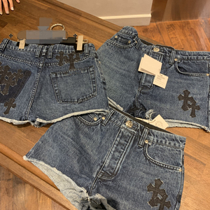 牛仔短裤女新款克罗心十字贴布高腰显瘦a字休闲卷边短直筒裤热裤