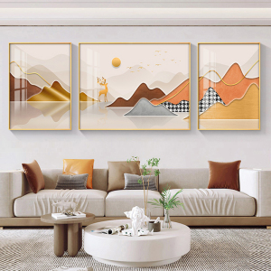 客厅装饰画沙发背景墙挂画中式简约福鹿山水画高端大气三联画壁画