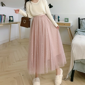 星空半身裙女过膝2021春季纱裙a字蓬蓬中长款裙子亮片星星网纱裙