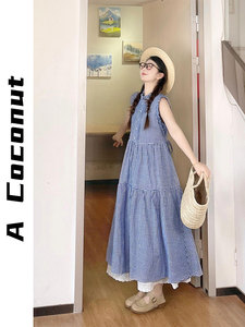 一颗椰子 24/ss色织纯棉蓝色格纹夏季法式花边无袖长款连衣裙