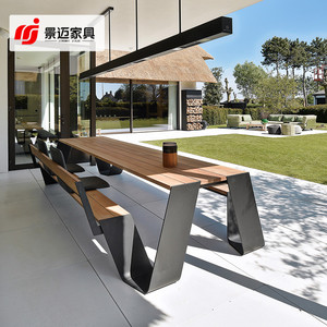 户外庭院北欧不锈钢柚木桌椅简约实木长桌休闲铁艺露天小花园家具