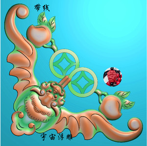 蝙蝠祥云如意寿桃双钱角花 有线 精雕图 雕刻图 jdp 浮雕图