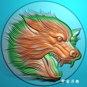 狼精雕图jdp灰度图bmp浮雕图玉雕圆牌凹底狼头猛兽狼狗野兽头