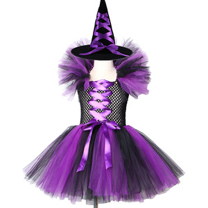 新款欧美儿童万圣节纱裙紫黑女巫裙巫婆帽女童狂欢节派对演出服装