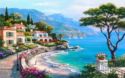 定制中式山水瀑布大自然风景画墙贴客厅壁纸带背胶自粘贴画