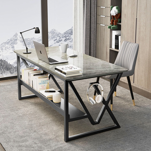 轻奢办公室桌椅现代简约写字台家用卧室电脑桌岩板书桌灰色亮光