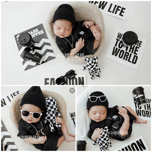 新生儿的拍照衣服黑色潮流连体衣影楼婴儿满月照儿童摄影服装道具