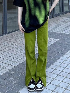 布零零bling ling 牛油果绿色裤子女夏季长裤开叉直筒拖地牛仔裤