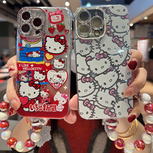 日本HelloKitty凯蒂猫卡通iPhone15Pro手机壳闪粉镜头草莓牛奶KT猫12/13苹果14promax保护套硅胶可爱猫咪15新