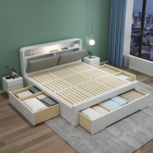 软包实木床白色简约主卧加宽两米二乘2米x2米大床200×220三人床