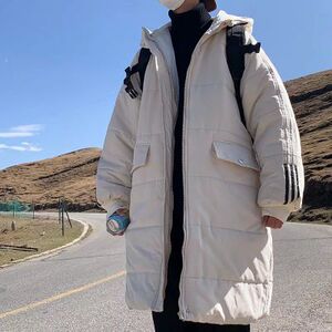 羽绒棉服男冬季加厚原宿风三道杠连帽棉衣中长款过膝情侣保暖外套