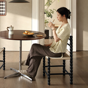 法式绳编奶油风椅子黑色中古实木餐椅靠背设计师复古化妆桌凳家具