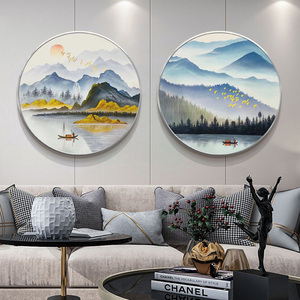 真手绘新中式风景圆形油画招财山水画客厅玄关餐厅会所酒店装饰画