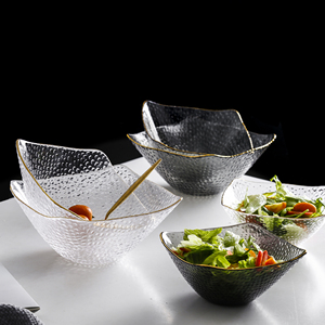 水果玻璃碗日式金边沙拉碗碟套装家用轻奢甜品零食餐具四方斗笠碗