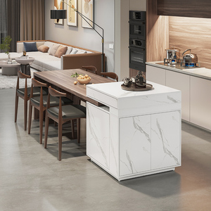 中岛台餐桌一体可伸缩极简岩板轻奢实木简约厨房开放式吧台桌导