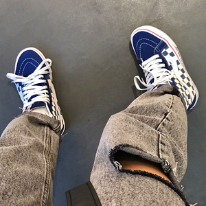 fansvans乐万斯蓝白棋盘格sk8-hi大拇指印花bmx高帮帆布板鞋女男