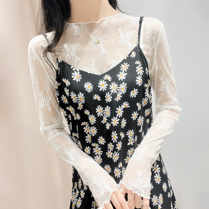 蕾丝打底衫女夏季薄款透视纱衣吊带裙内搭长袖木耳边短款网纱上衣