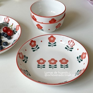 “釉下彩小红花碗碟”创意盘子菜盘家用陶瓷小清新饭碗组合日式