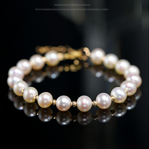 正品18k金珍珠手链女天然淡水真珠正圆强光近无暇可调节送女友礼