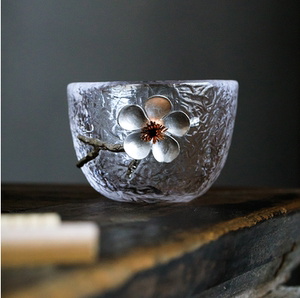 日式锤纹玻璃小茶杯品茗杯锡制耐高温玻璃单杯主个人杯子功夫茶具
