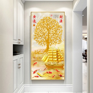 壁画挂画装饰画玄关进门竖版摇钱发财树入户大气过道定做