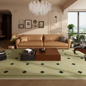 法式复古地毯客厅沙发茶几棋盘格免打理卧室绿色格子主卧床下地垫