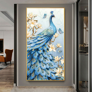 入户正对门玄关装饰画孔雀竖版客厅走廊过道壁画进门晶瓷镶钻挂画