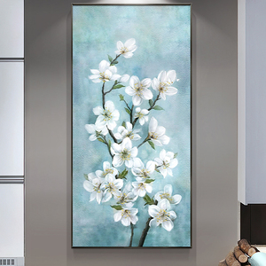 白玉兰花玄关挂画手绘油画现代简约装饰画新中式竖版轻奢客厅壁画