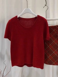 一线品牌剪标女装大牌外贸出口孤品样衣圆领短袖红色针织T恤上衣