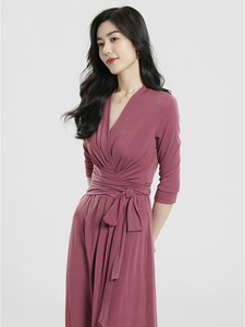DV DVF OR● 春款法式裹身裙紫红色气质收腰显瘦系带一片式连衣裙
