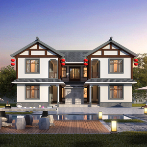 b8241中式仿古乡村二层网红别墅设计图纸四合院带院子农村自建房