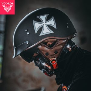 VCOROS哈雷頭盔男女美式復古機車頭盔電動車半盔帶鏡片夏季瓢盔