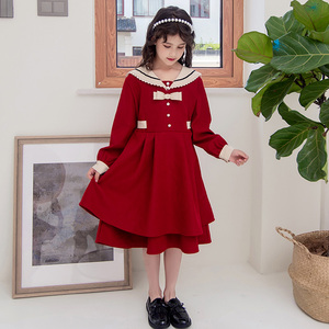 女童红色连衣裙春装2024新款复古礼服儿童生日公主裙法式宫廷风