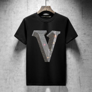香港潮牌 夏季大v字母烫钻闪钻上衣 男女装加大码纯棉修身短袖t恤