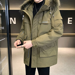 毛领工装羽绒服男士中长款冬季加厚白鸭绒上衣潮牌派克服保暖外套