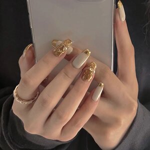 kiko手工定制美甲成品小红书同款金色云母片珍珠指甲片穿戴可拆00