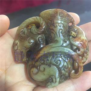 仿西周羊角杯玉酒杯玉杯和田老岫玉沁色花玉雕刻羊角杯挂件手把件