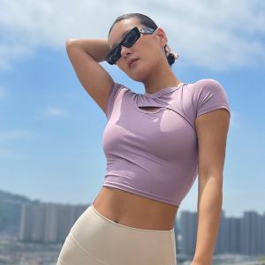 gymie夏季超薄运动t恤女紧身透气瑜伽服吸汗健身上衣跑步训练短袖