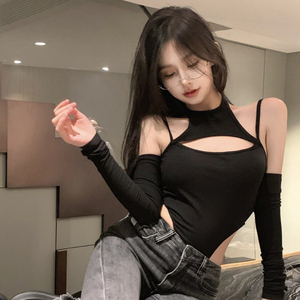 欧美风性感露腰辣妹上衣女设计感小众镂空漏肩紧身长袖黑色连体衣