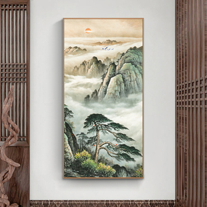 国画迎客松竖版挂画玄关过道装饰画新中式入户走廊壁画大气山水画