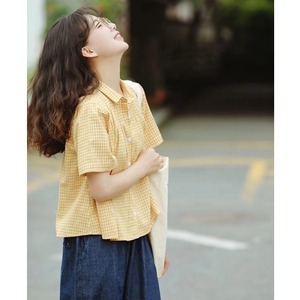 日系黄色短袖格子衬衫女夏季设计感学院风小个子衬衣棉麻短款上衣