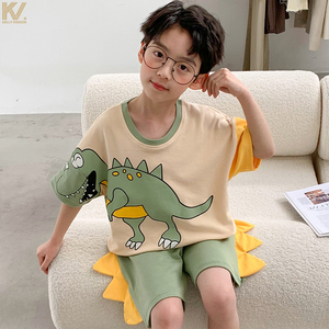 进口恐龙睡衣男童纯棉夏季短袖短裤套头全棉男孩儿童家居服可外穿