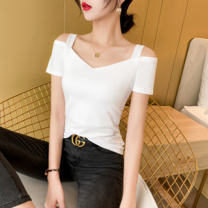 白色v领短袖t恤女2022年夏季新款大领口露肩半袖紧身一字肩上衣潮