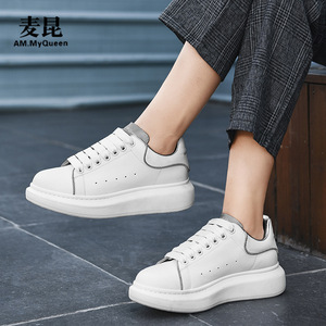 myqueen 小白鞋内增高厚底松糕头层牛皮韩版情侣单鞋