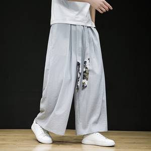 中国风裤子男阔腿裤夏季棉麻复古仙气飘带大码直筒长裤汉服垮裤潮