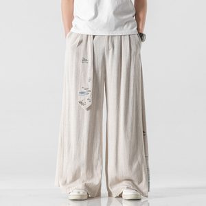 唐装汉服中国风古风仙气裤子国潮刺绣亚麻阔腿裤休闲裤男灯笼裤男