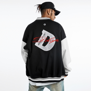 美式西海岸重磅hiphop刺绣字母棒球服男冬季加绒加厚排扣开衫夹克